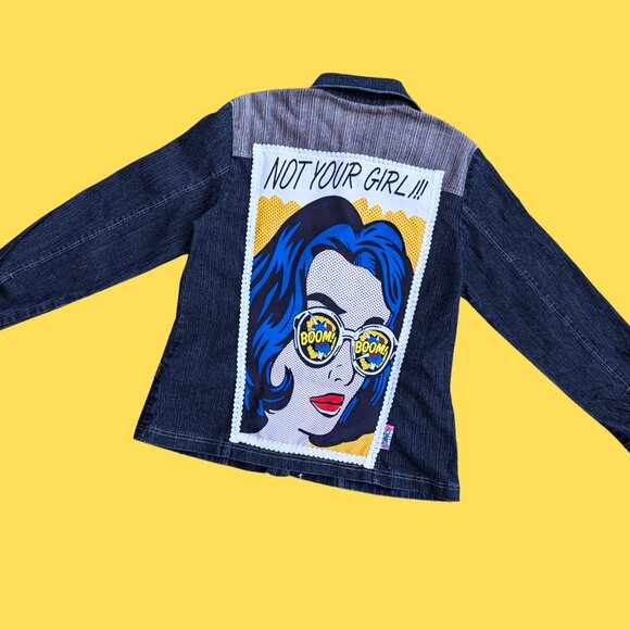 SOLD Handmade, Upcycled Pop-Art ''Not Your Girl!!!'' Denim Jacket Size US 14, XL - Picture 3 of 4